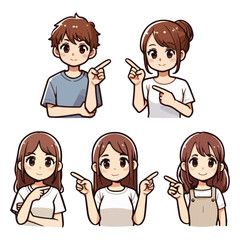 Set of people pointing their finger somewhere. Boy, girl, men and women point fingers.