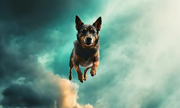 Dog flying through clouds in surreal sky with ai generated.
