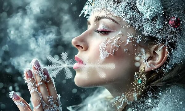 Woman adorned with ice and snowflakes in winter scene with ai generated.
