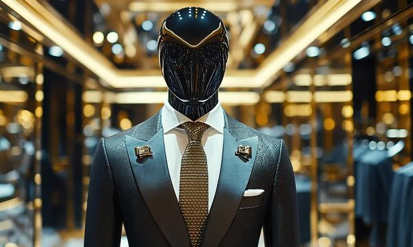 Futuristic mannequin in luxury suit and golden interior with ai generated.
