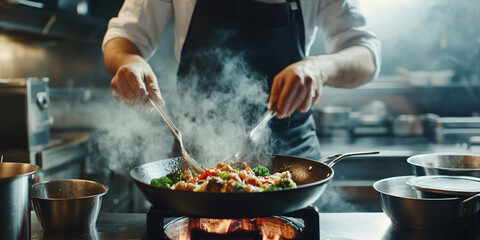A chef is cooking in a restaurant kitchen, using a wok to stir-fry vegetables and meat over a hot flame.