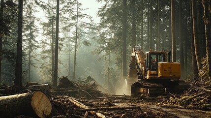 
Title (English):
Experienced logger operating heavy machinery to fell trees in a dense forest, showcasing the hard work and precision of forestry professionals. 