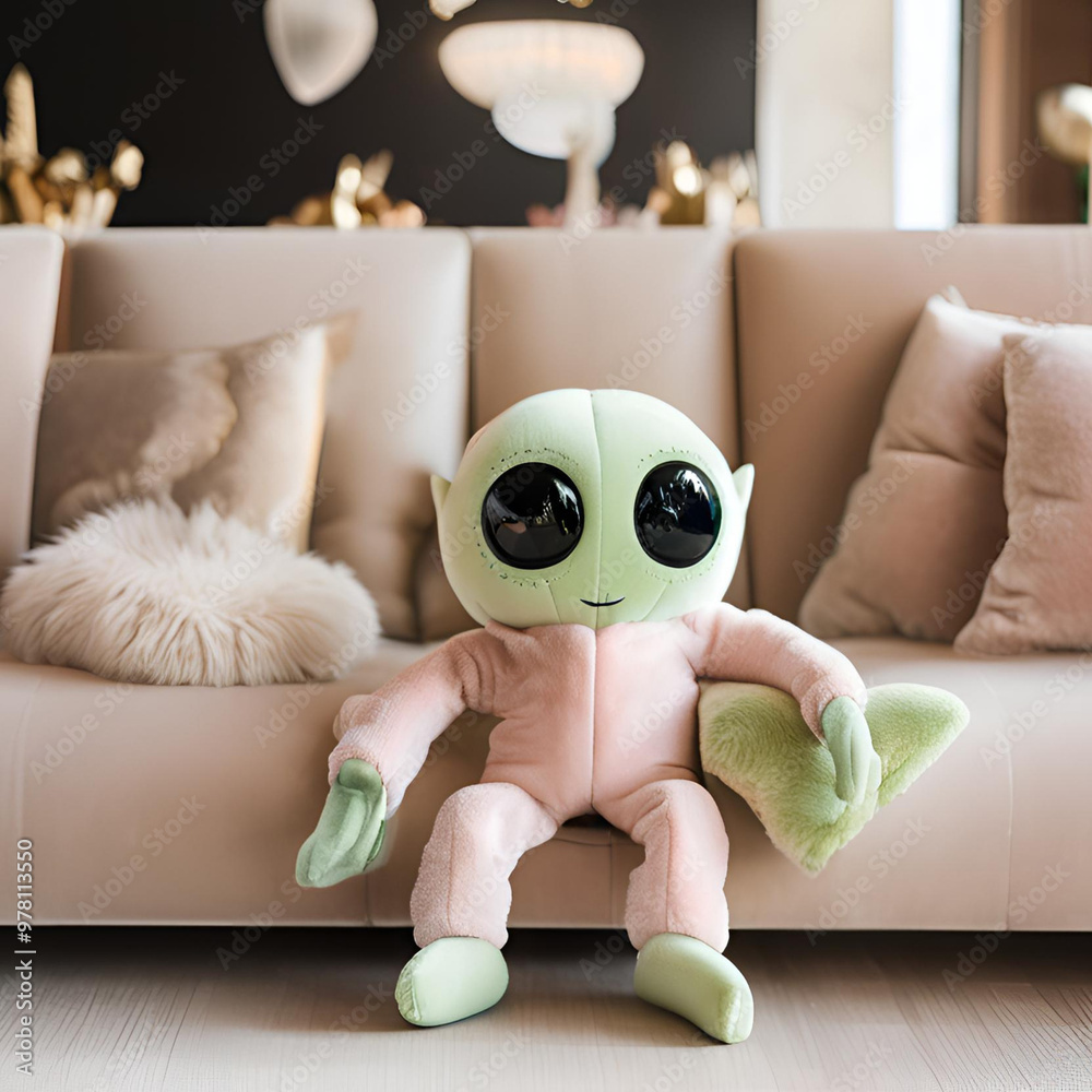 Wall mural realistic cute alien children’s toy sitting on sofa