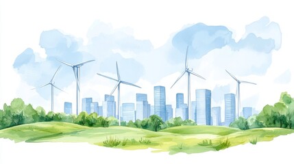 Wind turbines, integrated into modern skyscrapers, urban energy harmony, city skyline, Watercolor style