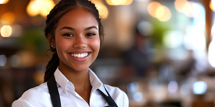 Smiling Server: A smiling woman, dressed in a waitress uniform.