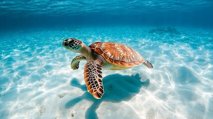 Obraz premium A graceful green sea turtle glides effortlessly through crystal-clear waters, showcasing its vibrant shell.