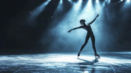 A figure skater executing a graceful spin on the ice, with spotlights following her movements.