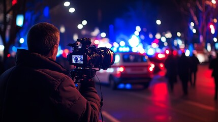 Dynamic news reporter on the scene of a breaking story, surrounded by a bustling crowd and flashing police cars in the background. Capturing the urgency and immediacy of real-time journalism