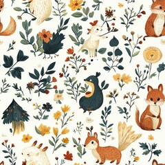 Enchanted Forest Friends: Whimsical Illustrated Animals in a Magical Woodland Scene