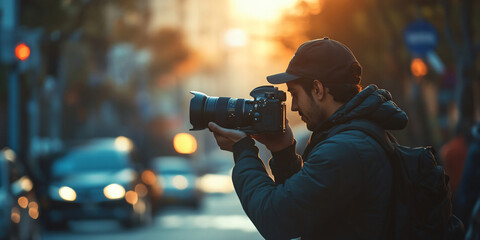 A photographer captures the golden hour in a city street with a DSLR camera.