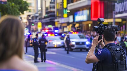 Obraz premium Dynamic news reporter on the scene of a breaking story, surrounded by a bustling crowd and flashing police cars in the background. Capturing the urgency and immediacy of real-time journalism