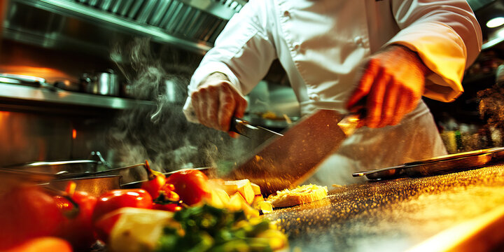 Skilled Chef: A man expertly slicing ingredients in a busy kitchen.