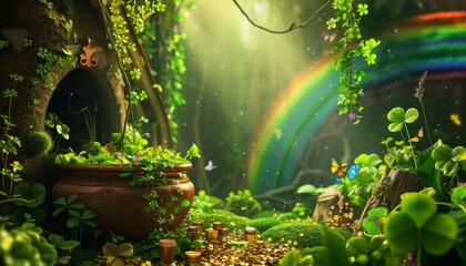Obraz premium Magical garden with a rainbow and vibrant greenery
