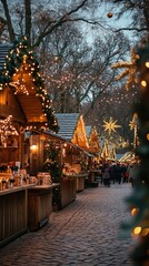 Festive Christmas Market in Germany with Twinkling Lights and Rustic Wooden Stalls