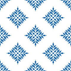 Fototapeta premium ceramic tile pattern, porcelain seamless modern background, blue and white decorative wallpaper decor, Portugal ornament, Moroccan mosaic, pottery folk print, Spanish tableware, vintage tiled design