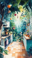 Obraz premium Wide-angle perspective of a fantasy landscape merging with an everyday kitchen