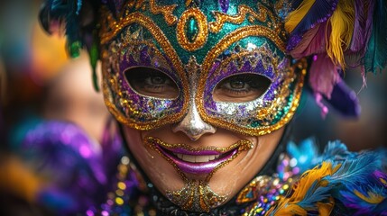 Mardi Gras celebration in New Orleans with colorful beads and masks