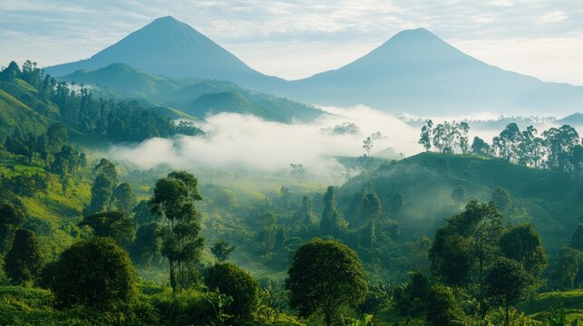 Ethereal mist rolling over the Virunga Mountains, home to mountain gorillas