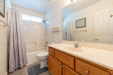 Modern bathroom with clean lines and neutral colors, featuring a shower-bathtub combo and natural light