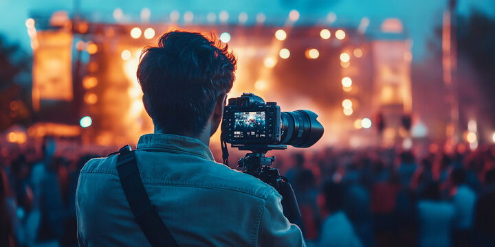 A photographer captures the energy of a concert, his camera focused on the stage. - Powered by Adobe