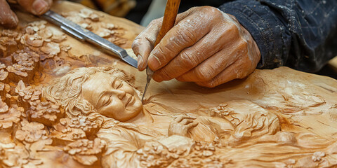 Hands-On Craftsman: Close-up of a skilled artisan carefully carving wood with precise tools.