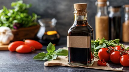 A glass bottle with a rustic label, filled with dark balsamic vinegar, sitting on a kitchen counter with fresh salad ingredients around it.