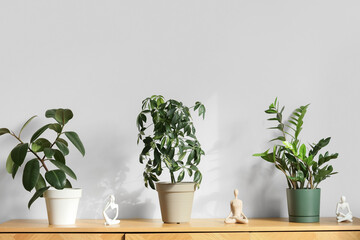 Green plants with statuettes on commode near light wall