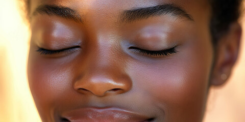 Fototapeta premium Serene Smile: A peaceful expression on a person's face, eyes slightly closed.