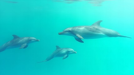 Fototapeta premium Bottlenose dolphins swimming together in clear turquoise tropical ocean water
