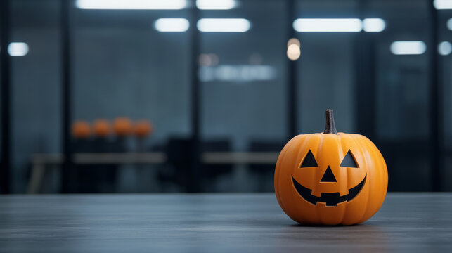 A festive pumpkin with smiling face adds cheerful touch to office