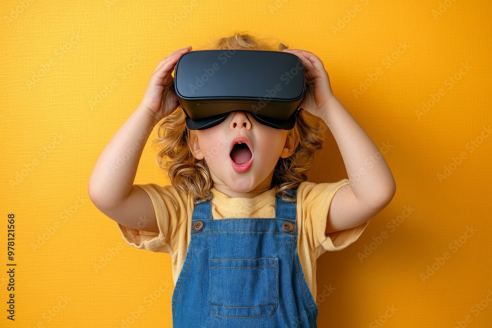 Wall mural child wearing virtual reality headset with an amazed expression symbolizing the awe and wonder of im