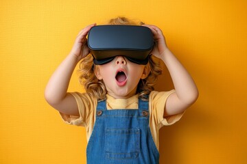 Child wearing virtual reality headset with an amazed expression symbolizing the awe and wonder of immersive technology and digital exploration