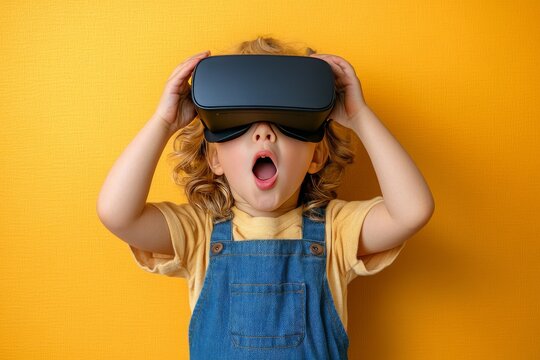 Child wearing virtual reality headset with an amazed expression symbolizing the awe and wonder of immersive technology and digital exploration