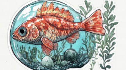Fototapeta premium A colorful goldfish swimming in a round bowl, surrounded by aquatic plants and pebbles, creating a serene aquatic scene.