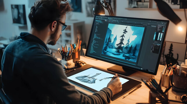 Digital Artist Working on Illustration with Computer and Pen Tablet