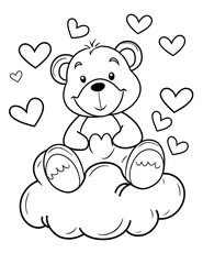  A cute teddy bear sitting on a cloud, surrounded by hearts. This is a black and white coloring page for kids,