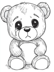 Obraz premium Coloring page for kids, a teddy bear with tears in its eyes in a cartoon style with simple line art on a white background