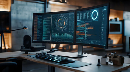 Modern Workstation with Dual Monitors and Data Visualization Illustration