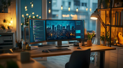 Night Cityscape on a Desk with Coding and Plants Illustration