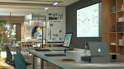 Modern Office Interior Design with White Desk and Wooden Shelving 3D Illustration