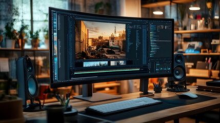 Curved Monitor on Desk with Video Editing Software - Illustration