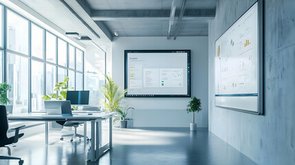 Modern Office Interior Design with Large Windows and Concrete Walls - Illustration