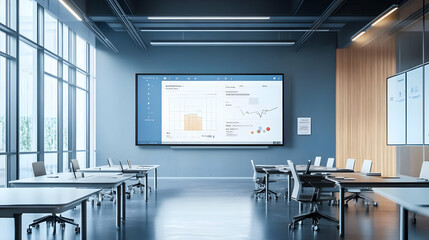 Modern Office Interior with Large Screen Display - 3D Illustration