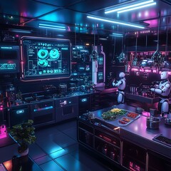 Obraz premium A stunning wide-angle view of a futuristic culinary kitchen