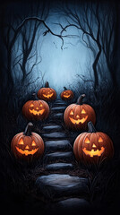 Haunting Halloween scene with glowing pumpkins on dark path