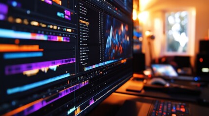 A motion designer editing a colorful animated scene in a video editing software, with layers and timelines visible.