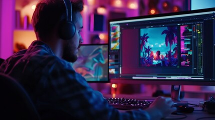 A motion designer editing a colorful animated scene in a video editing software, with layers and timelines visible.