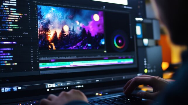 A motion designer editing a colorful animated scene in a video editing software, with layers and timelines visible.
