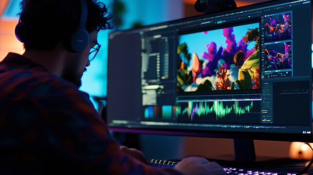 A motion designer editing a colorful animated scene in a video editing software, with layers and timelines visible.