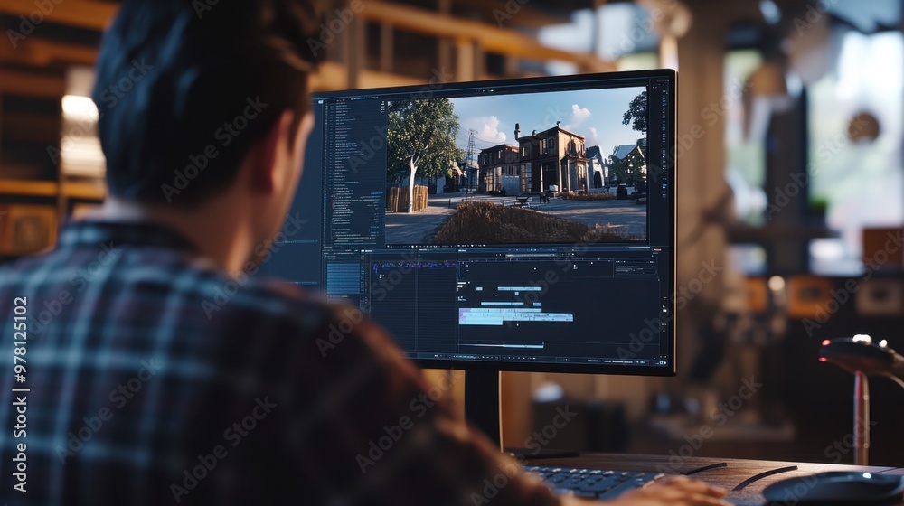 Poster a motion graphics artist editing a 3d animation scene, with keyframes and rendering options visible 